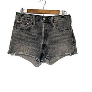 LEVI'S 501 Washed out Black Denim Jean Shorts High Waisted raw hem Size 28